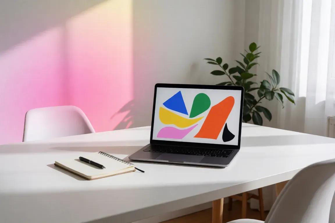 Ordinateur et carnet dans un studio lumineux